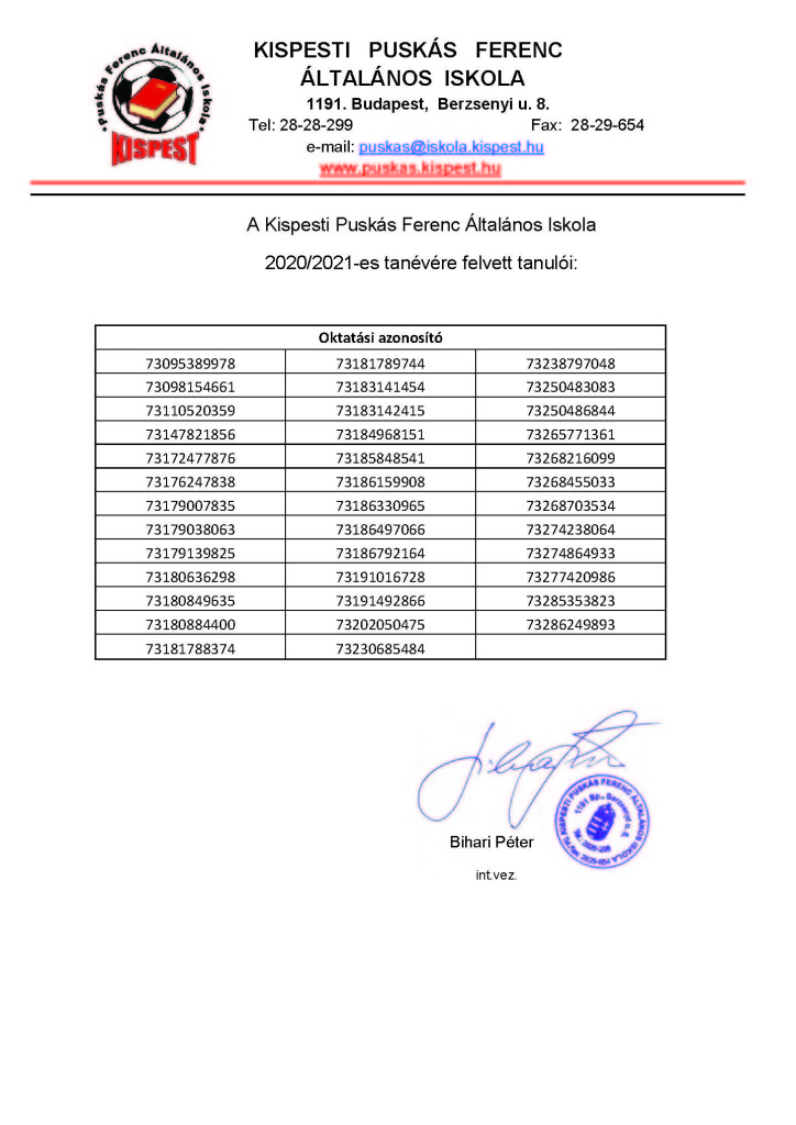Puskás 2020 21 felvételt nyert tanulól